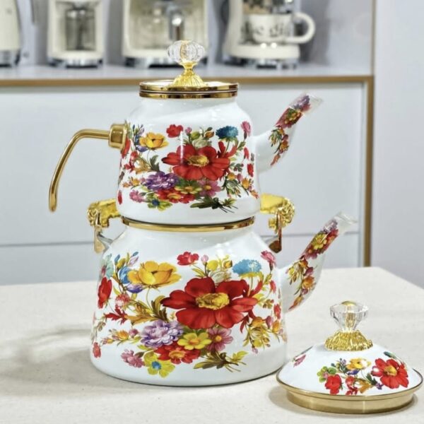 کتری قوری بینهایت خاص گلدار با دسته طلایی