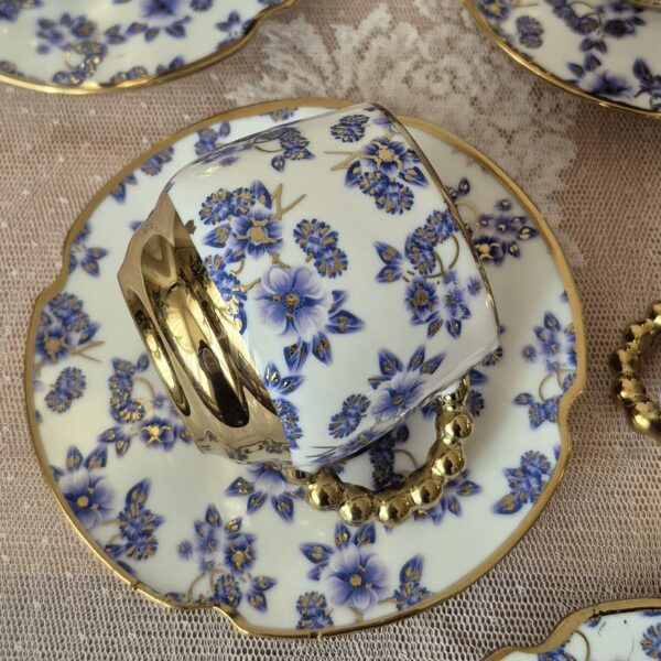 ست قهوه‌خوری قلم آبی طلاکوب