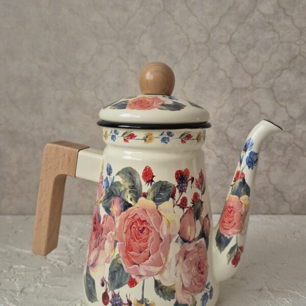 قوری لعابی دسته چوبی گل رز