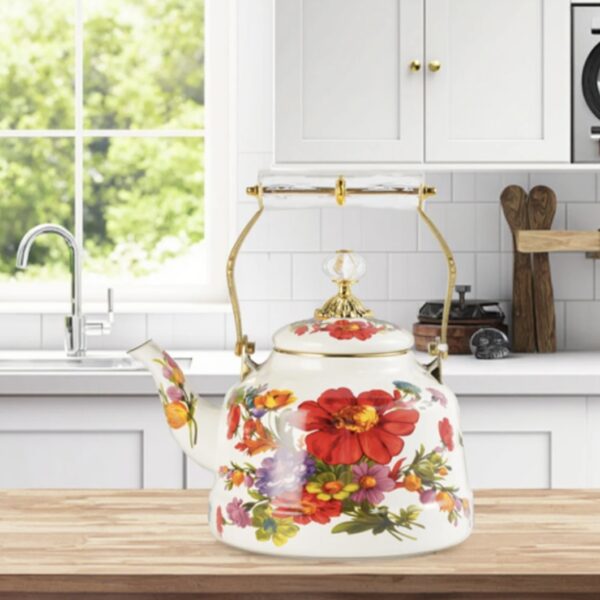 کتری لعابی گلدار با دسته طلایی  حجم ۲/۵ لیتر