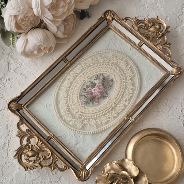 سینی کف دانتل آینه کاری شده با دسته طرح پرنده