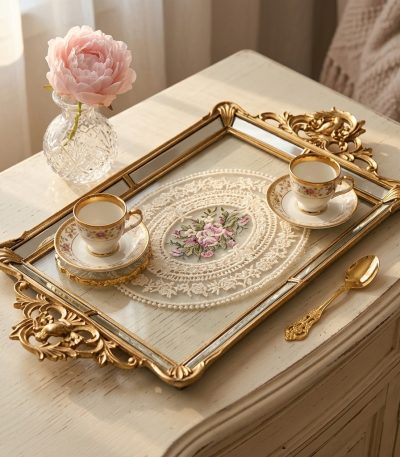 سینی کف دانتل آینه با طرح پرنده