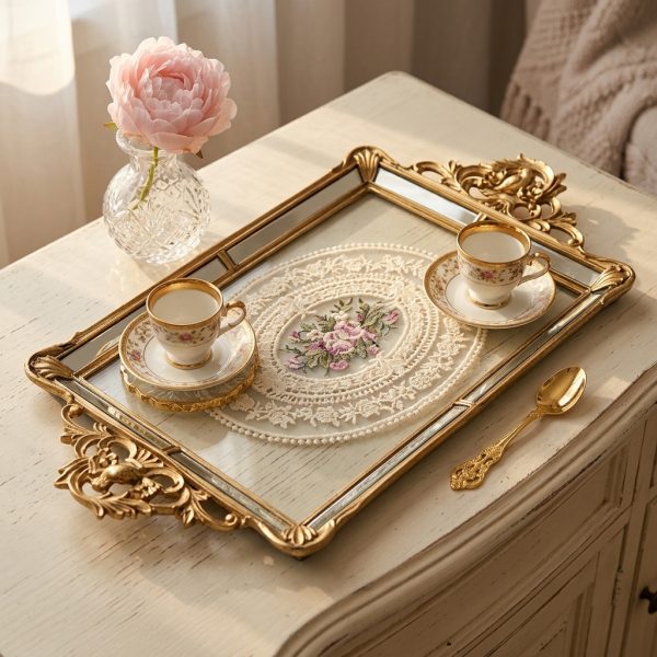 سینی کف دانتل آینه با طرح پرنده